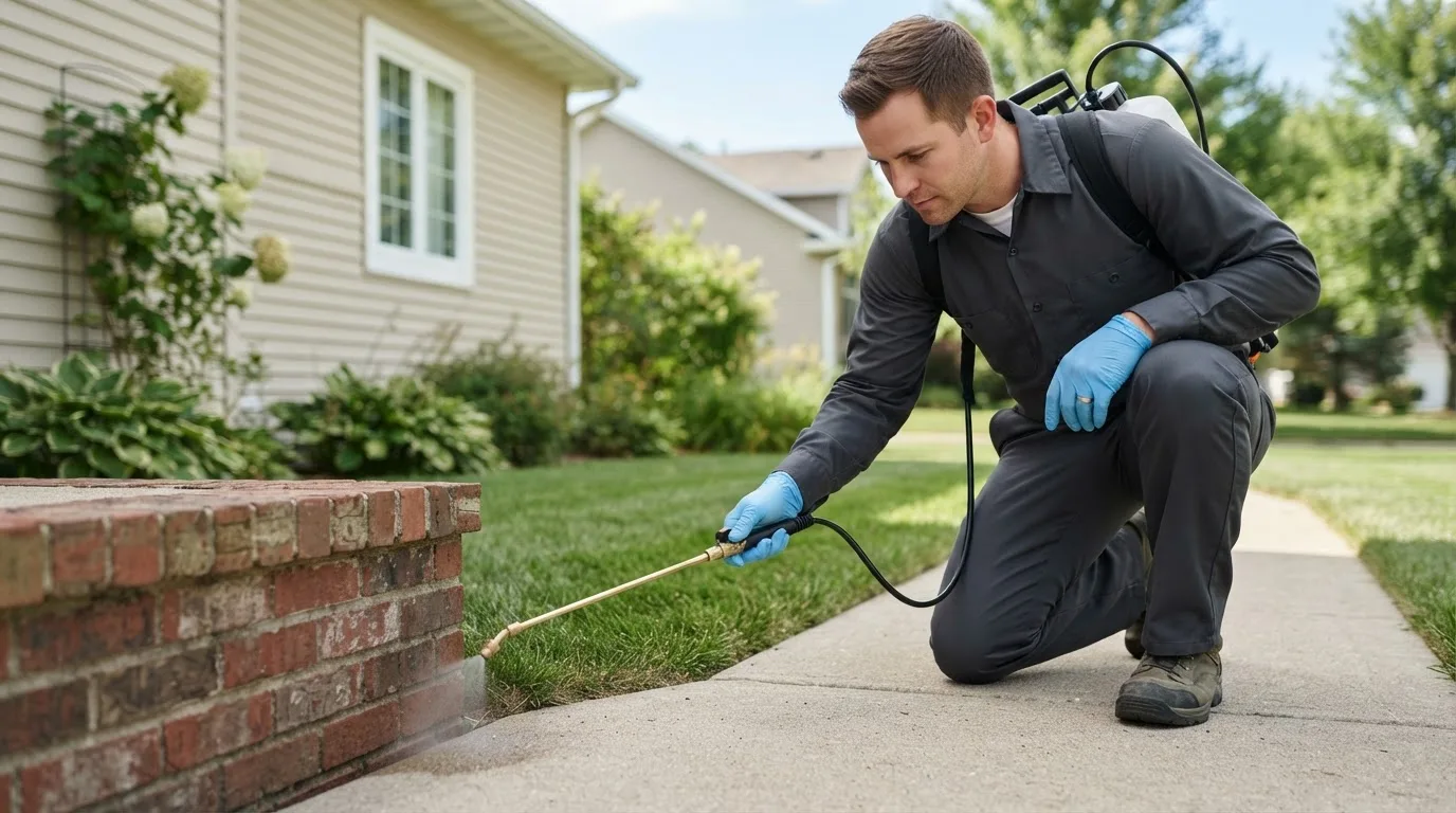 Pest control technician treating a home near Clarion, PA